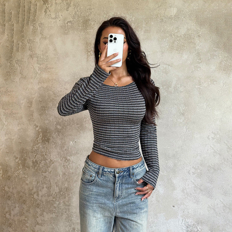 Grey Boat Neck Striped Textured Top - Image 4