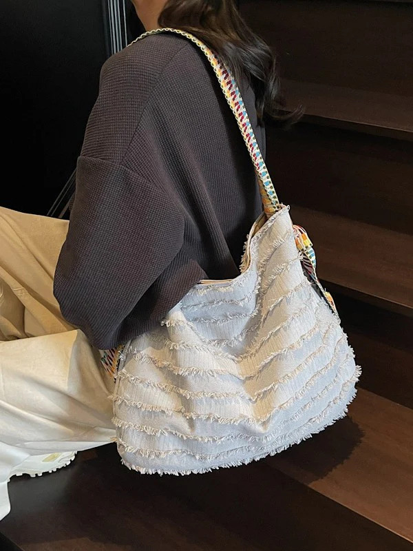 Grey Boho Fringe Tote Bag - Image 4