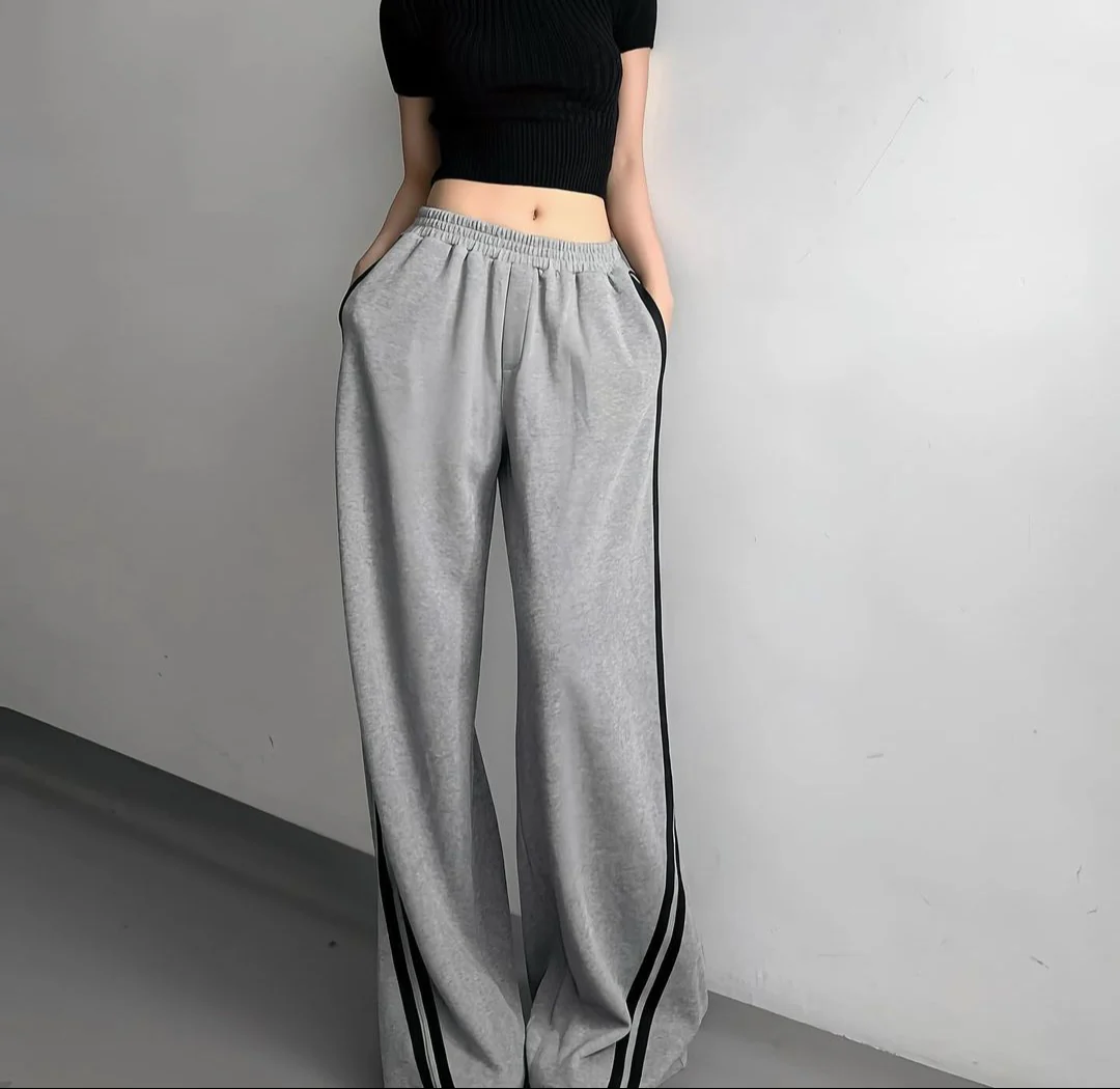 Grey Solid Contrast Stripped Wide Leg Sweatpants - Image 2