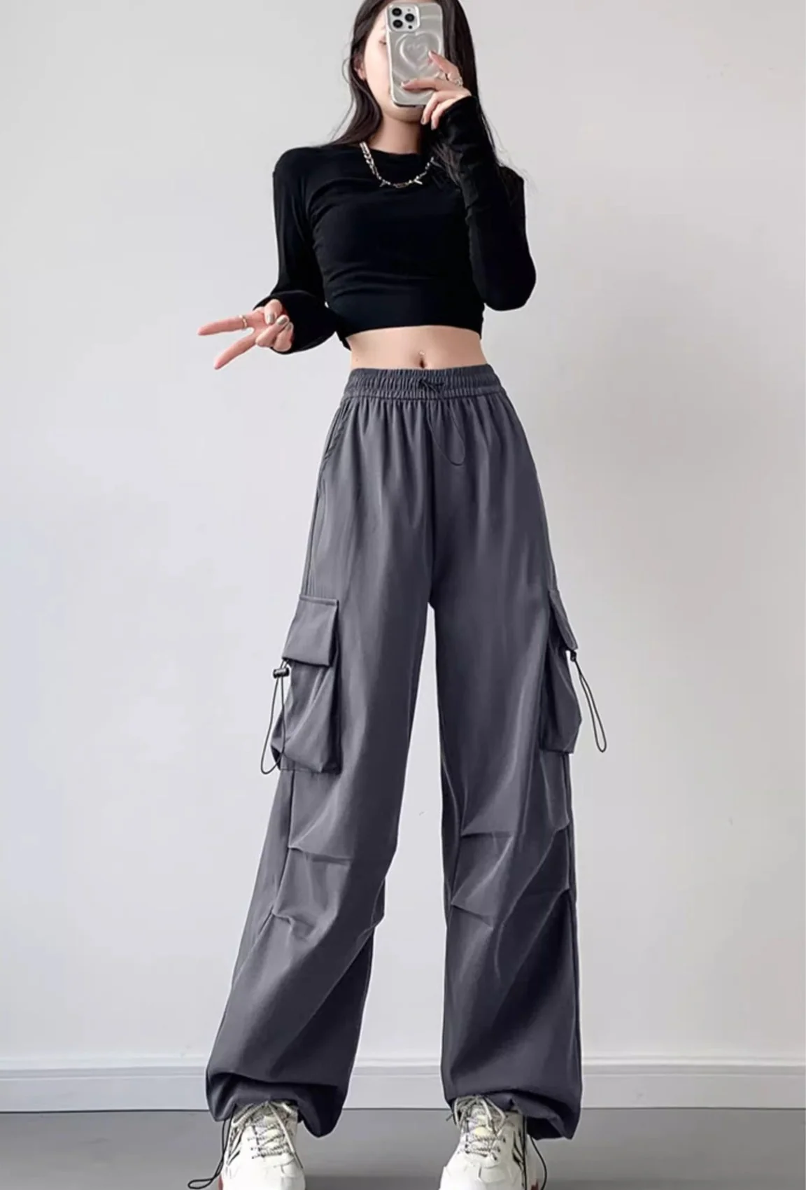 Grey Drawstring Parchute Pin Tucked Cargo Pants - Image 2