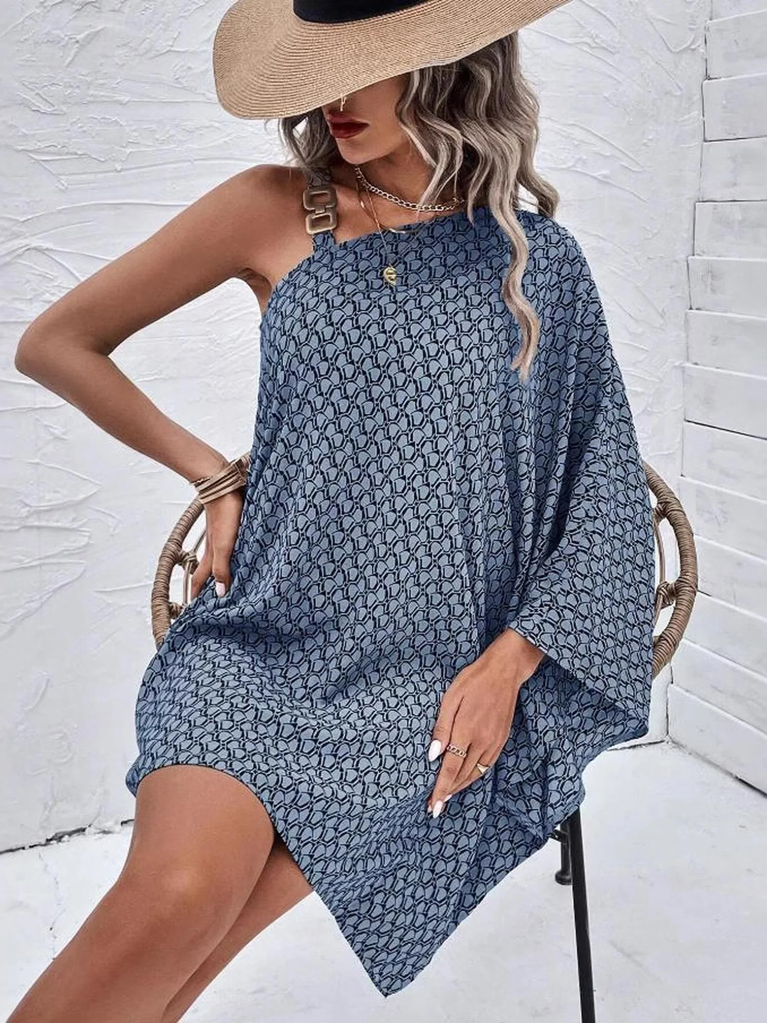 Grey One Shoulder Flare Sleeve Dress - Image 3