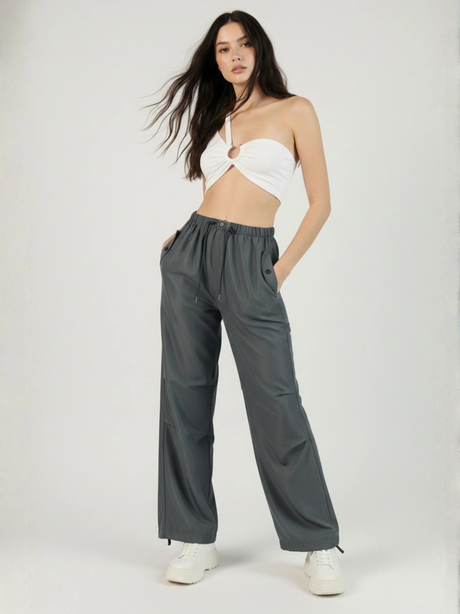 Grey Elasticated Parachute Pants - Image 2
