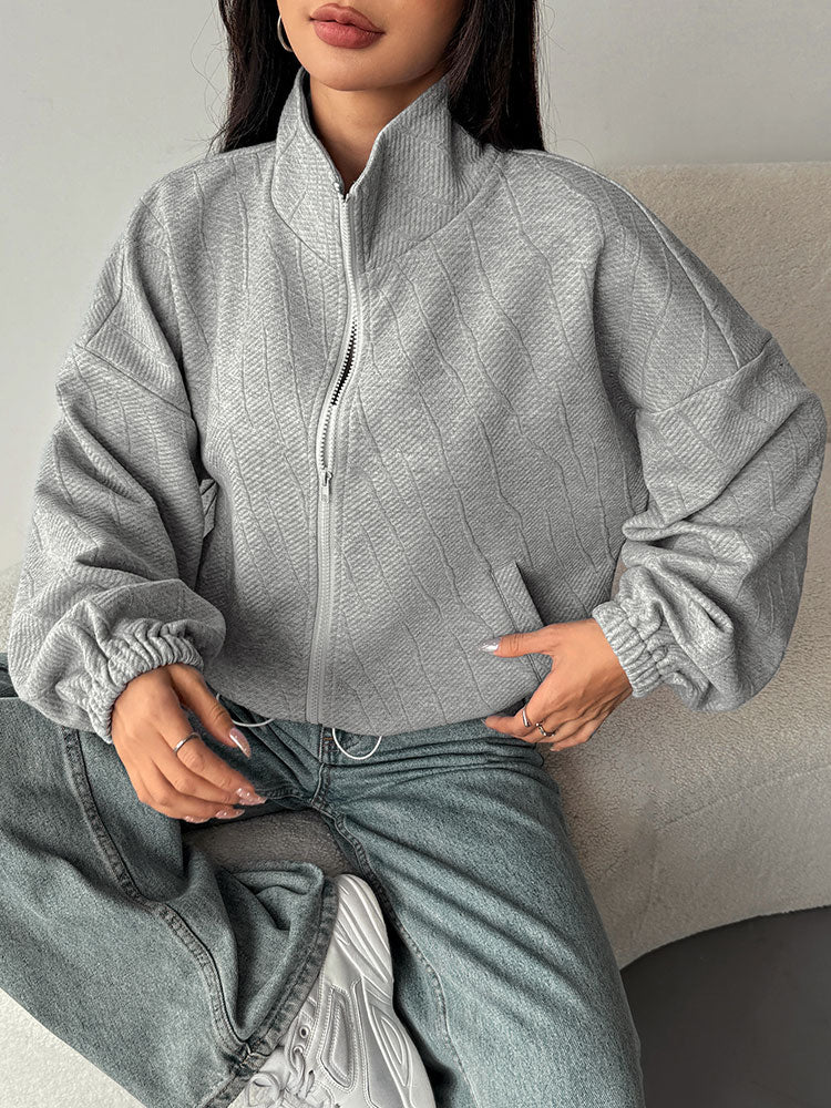 Grey Full Sleeve Collarded Front Zip Jacket - Image 3