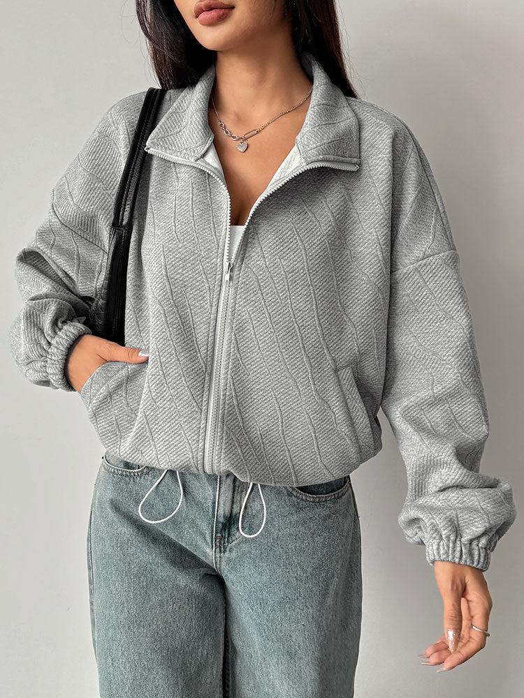 Grey Full Sleeve Collarded Front Zip Jacket - Image 4