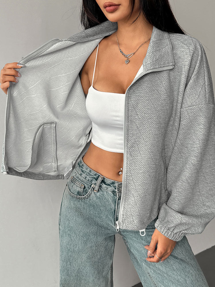 Grey Full Sleeve Collarded Front Zip Jacket - Image 5
