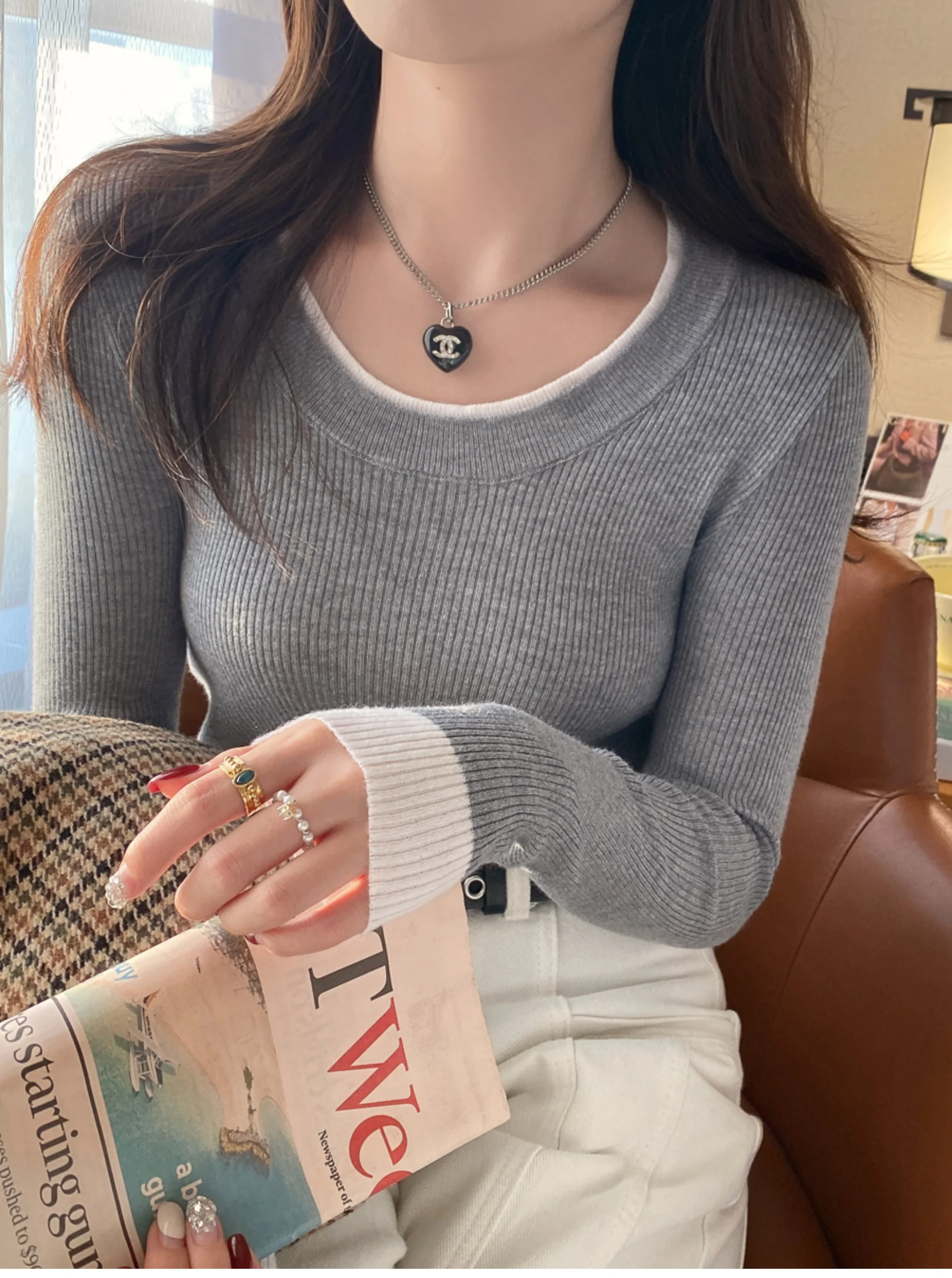 Grey Full Sleeve Contrast Hem Top - Image 4