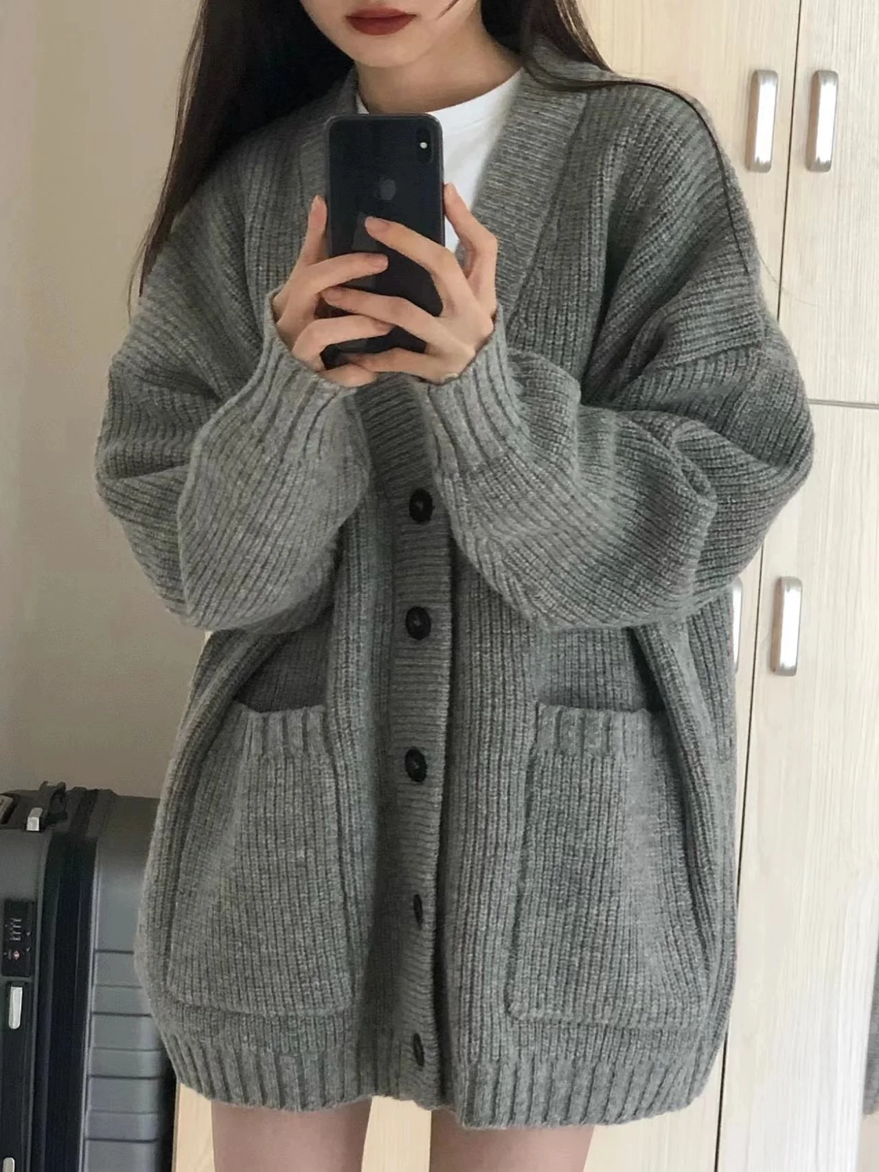 Grey Full Sleeve Double Pockets Slouchy Cardigans - Image 3