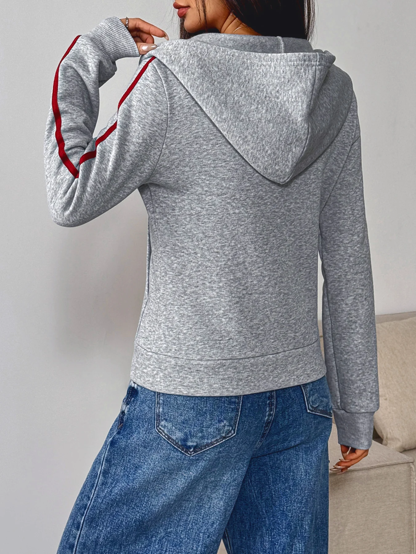 Grey Full sleeve front zip hooded jacket - Image 2