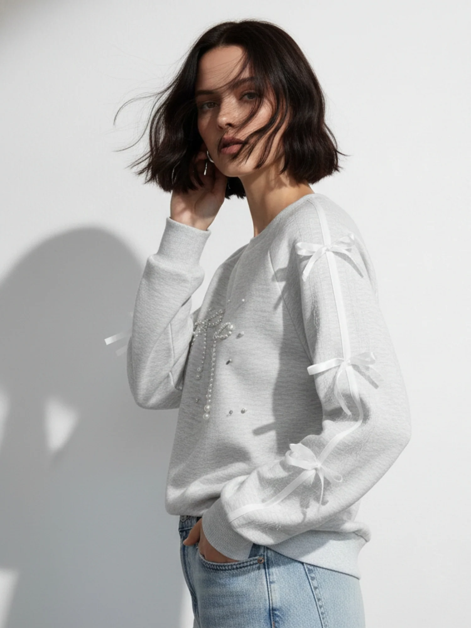 Grey Full Sleeve Lace Bow Detail Sweatshirt - Image 3