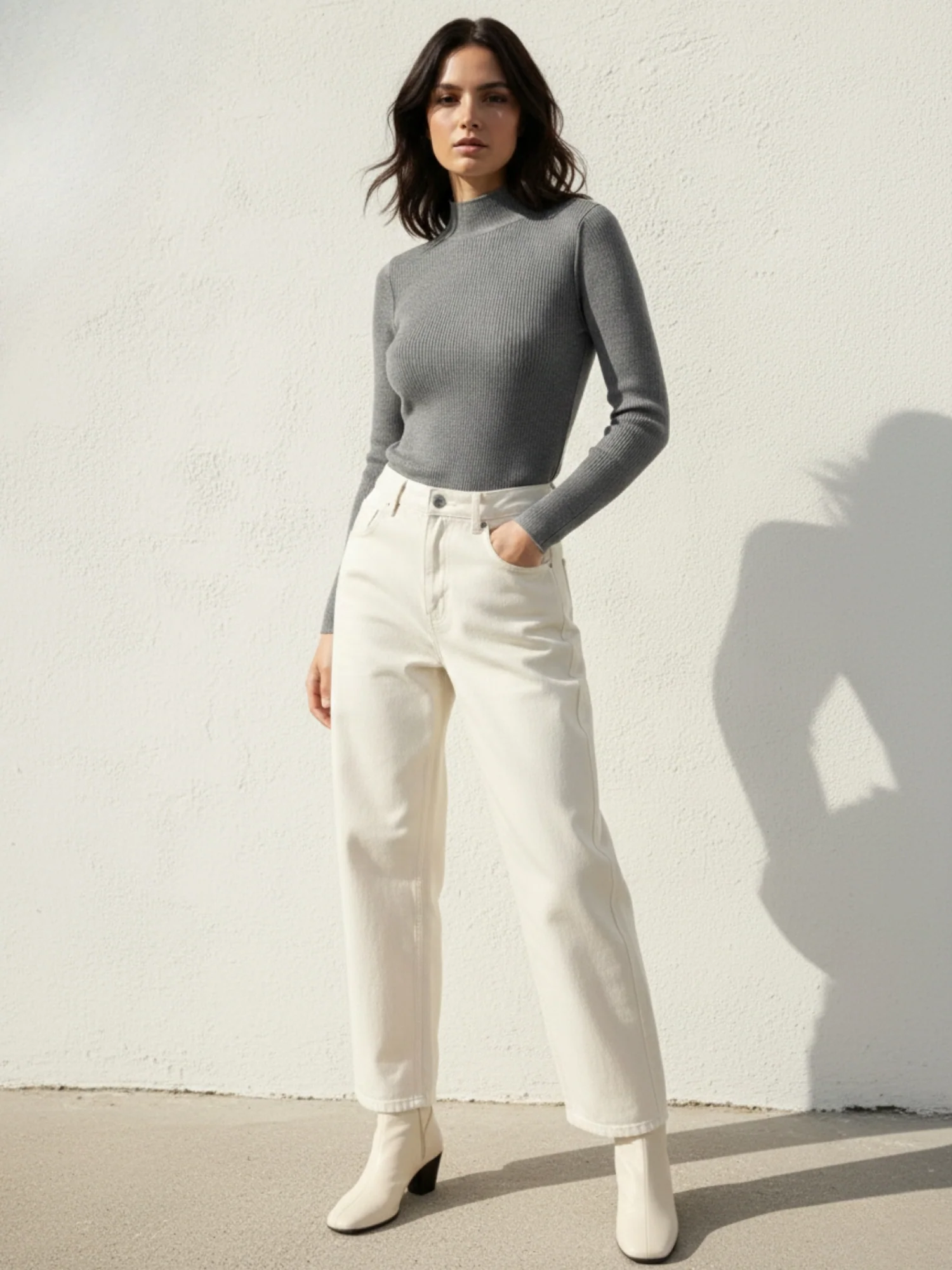 Grey Full Sleeve Mock Neck Fitted Sweater - Image 3