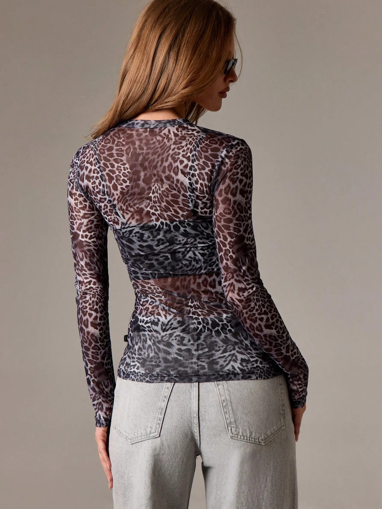 Grey Full Sleeve Round Neck Printed Mesh Top - Image 2