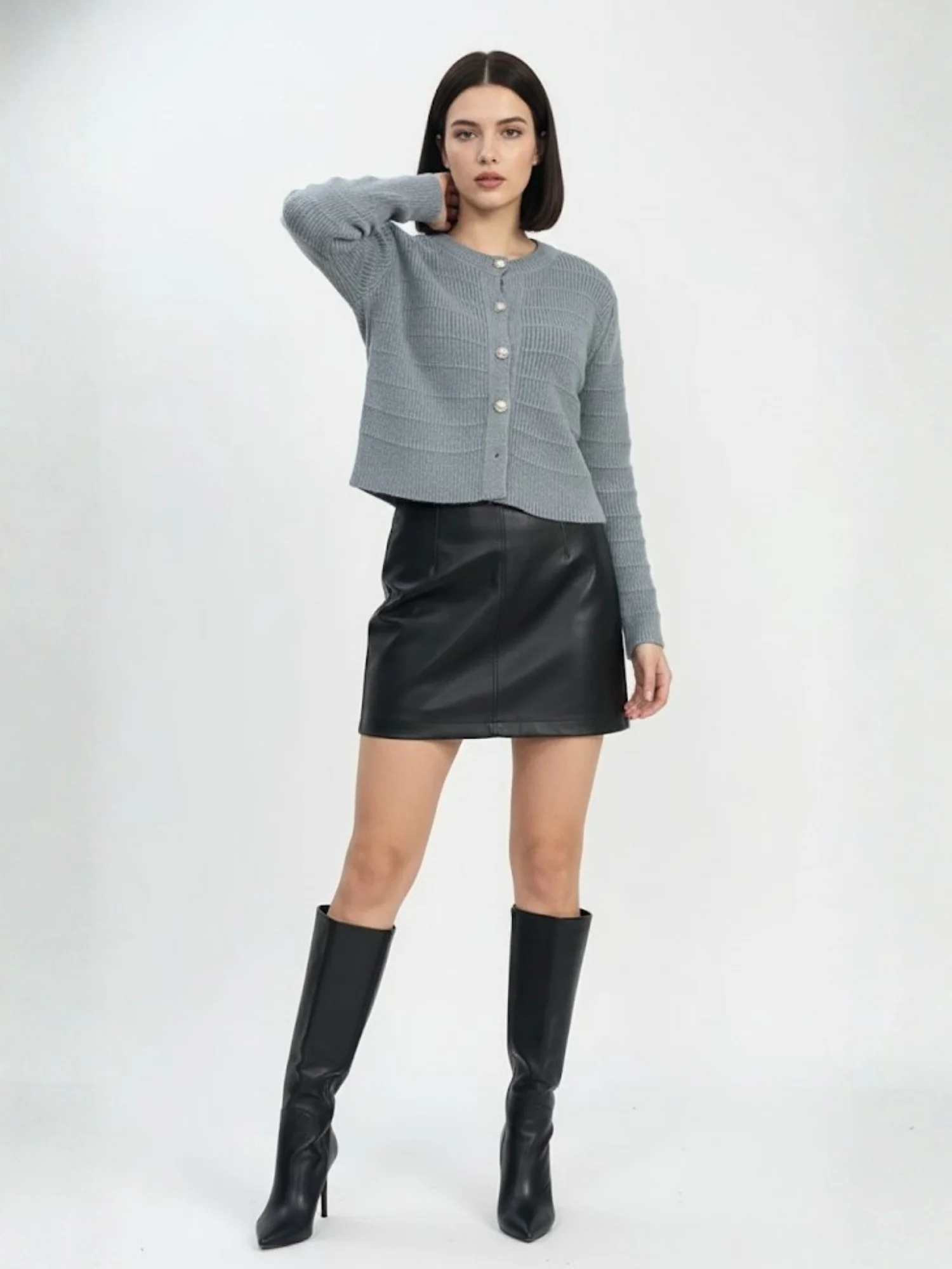 Grey Full Sleeve Textured Front Button Cardigan - Image 3