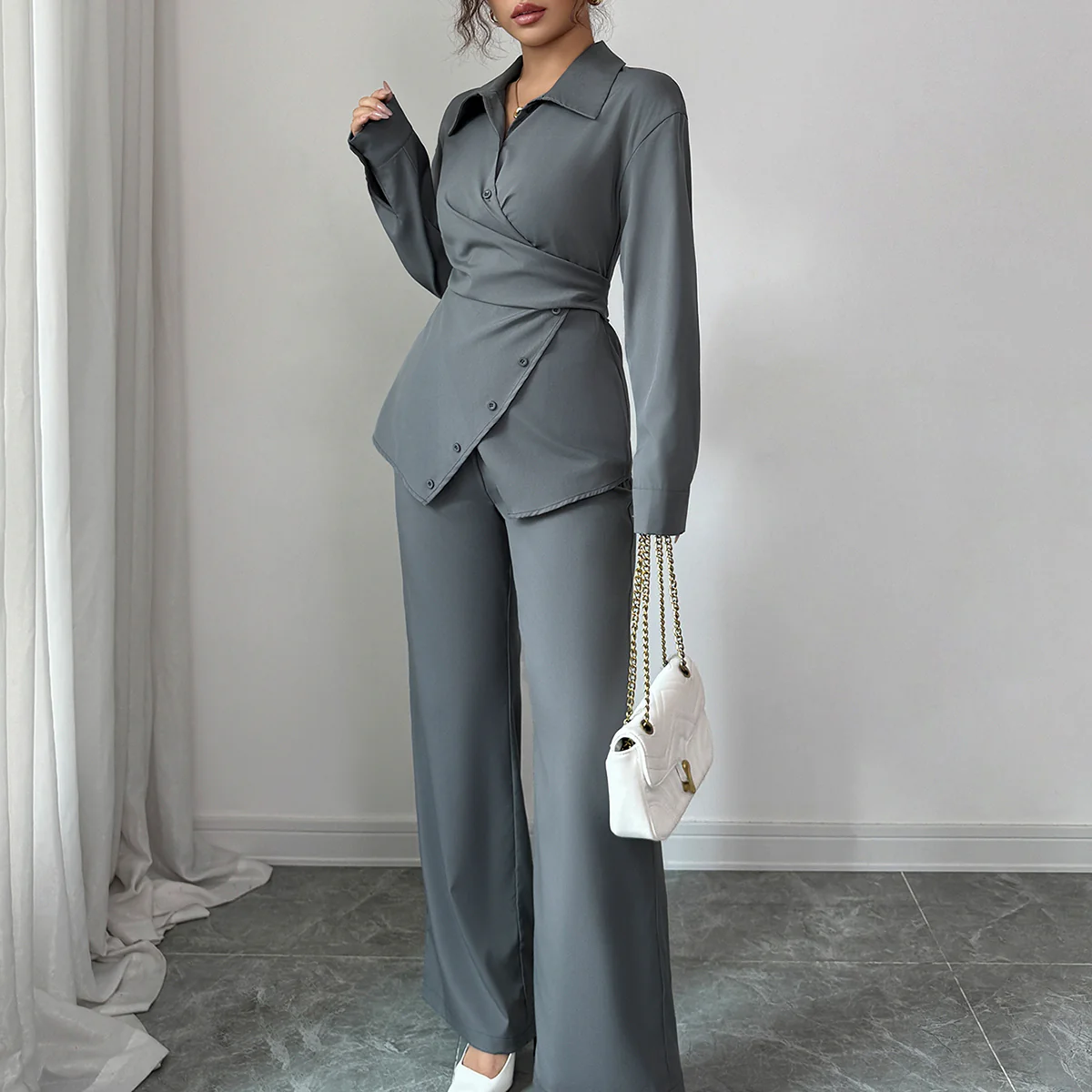 Grey Full Sleeve Wrap Shirt And Pant Set - Image 3