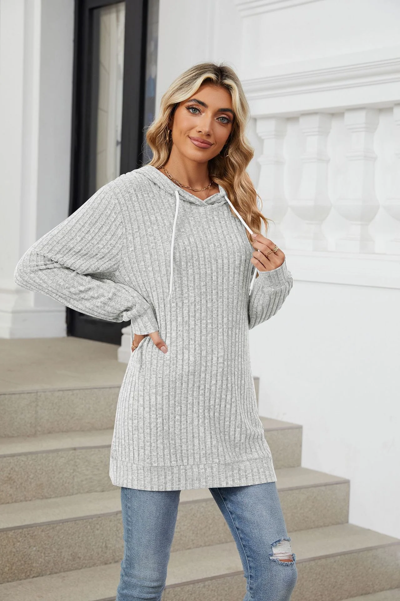 Grey Full Sleeves Solid Hooded Top - Image 4