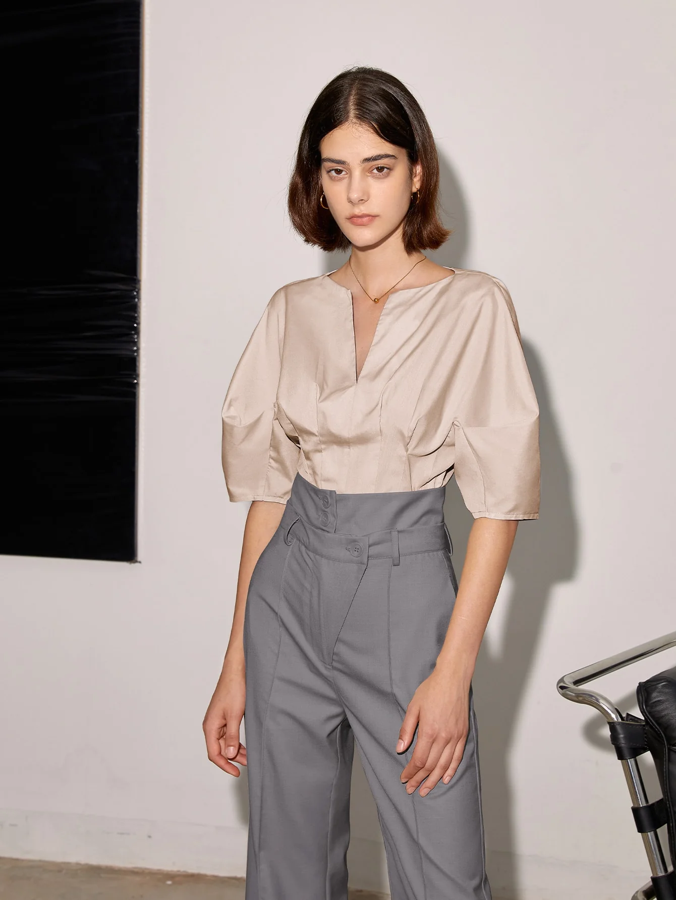 Grey High Waist Side Button Pant - Image 3