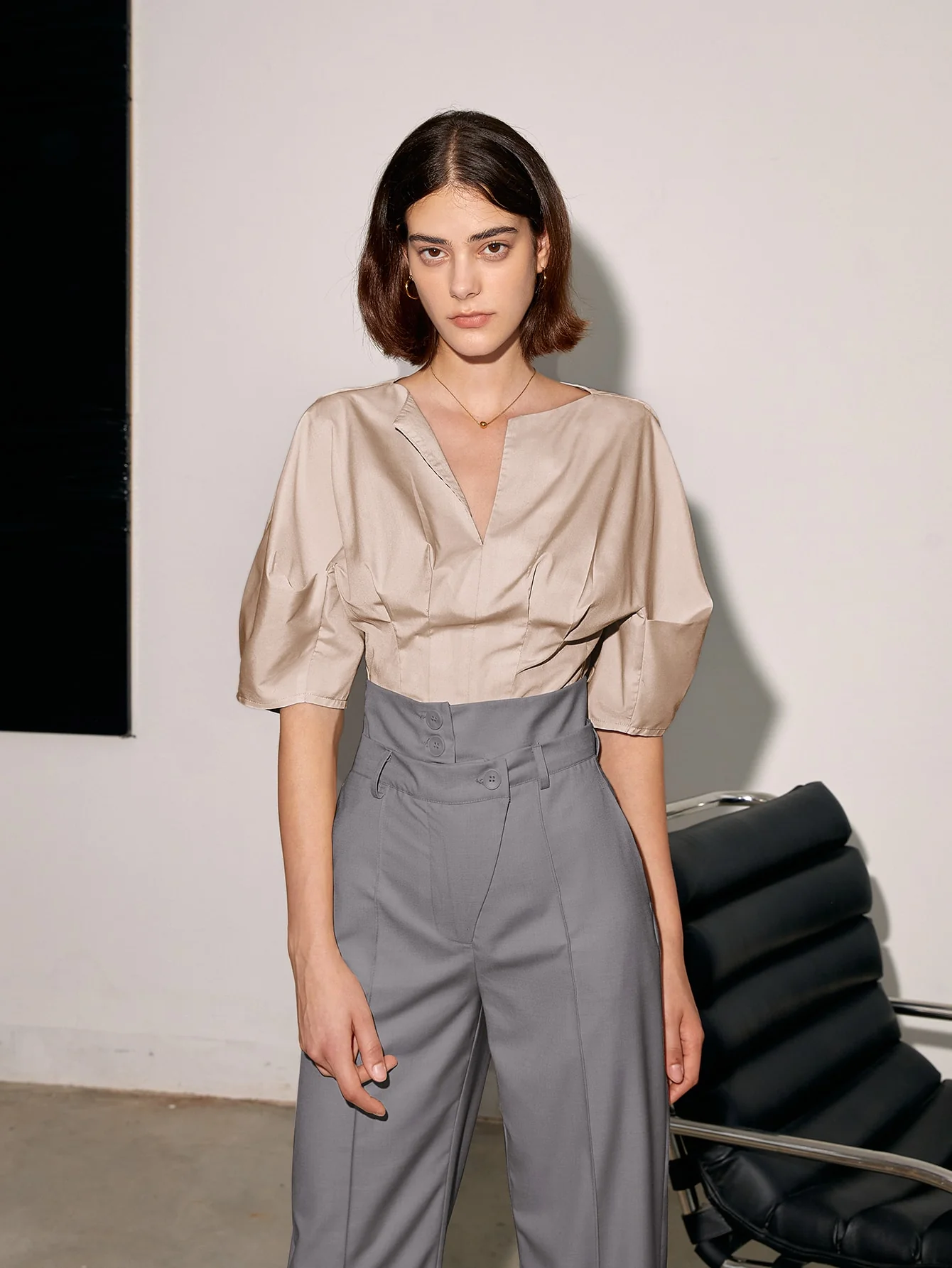 Grey High Waist Side Button Pant - Image 4