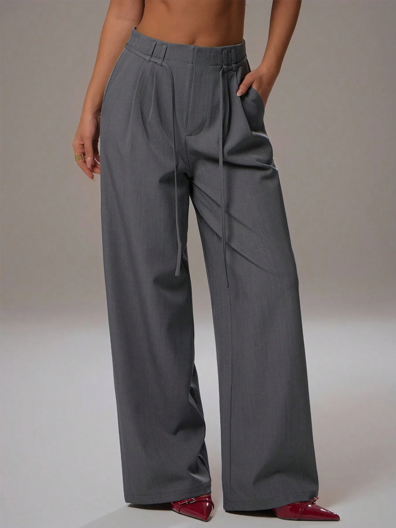 Grey High Waist Tie-Up Wide Leg Pant - Image 3