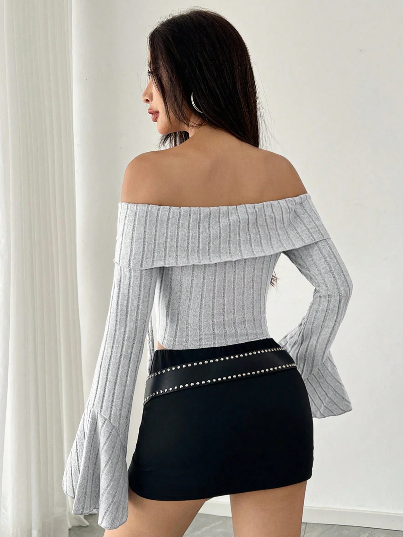 Grey Off Shoulder Bell Sleeve Asymmetrical Top - Image 2