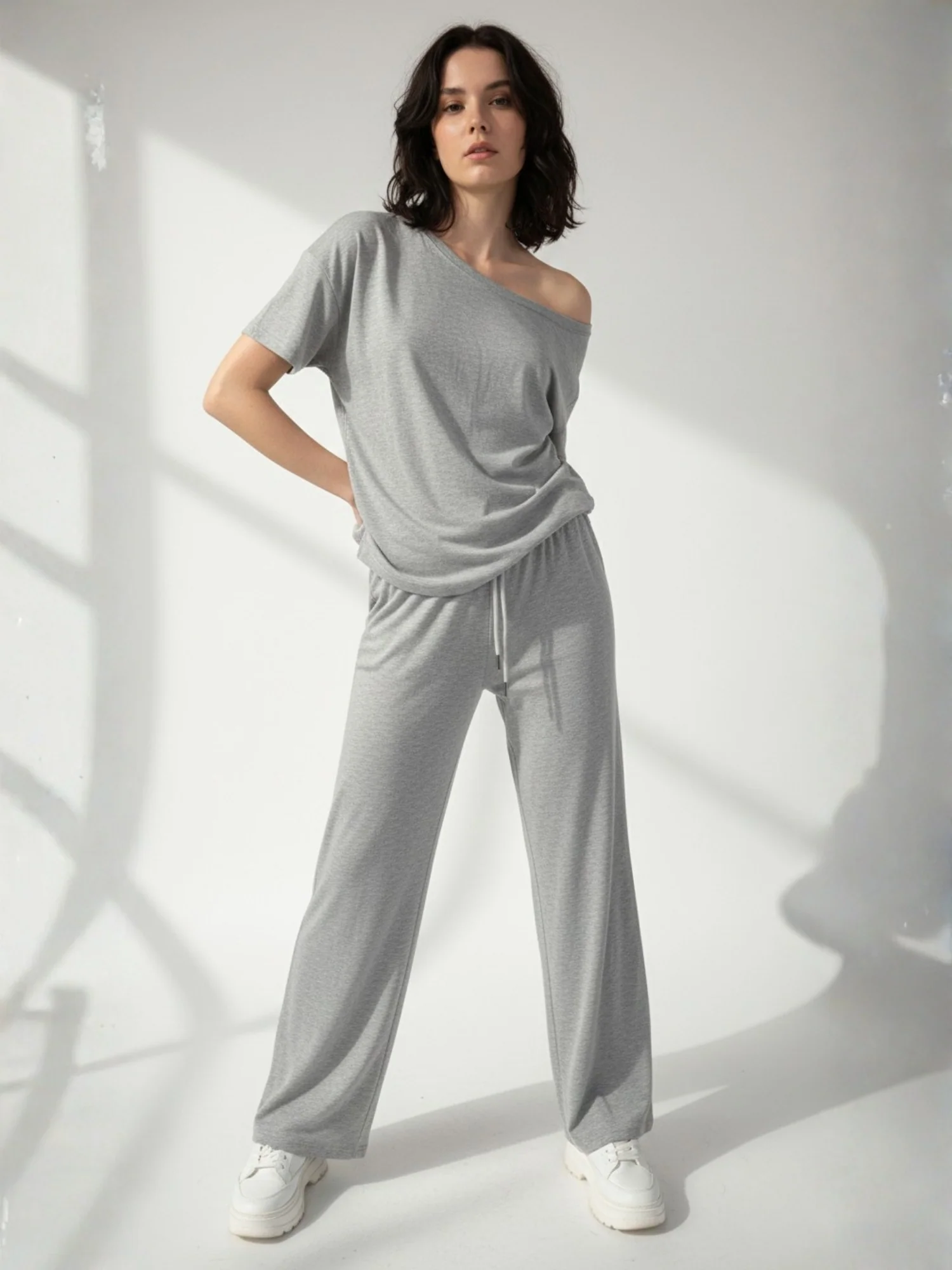 Grey Off-Shoulder Relaxed Top And Pant Co-Ord Set