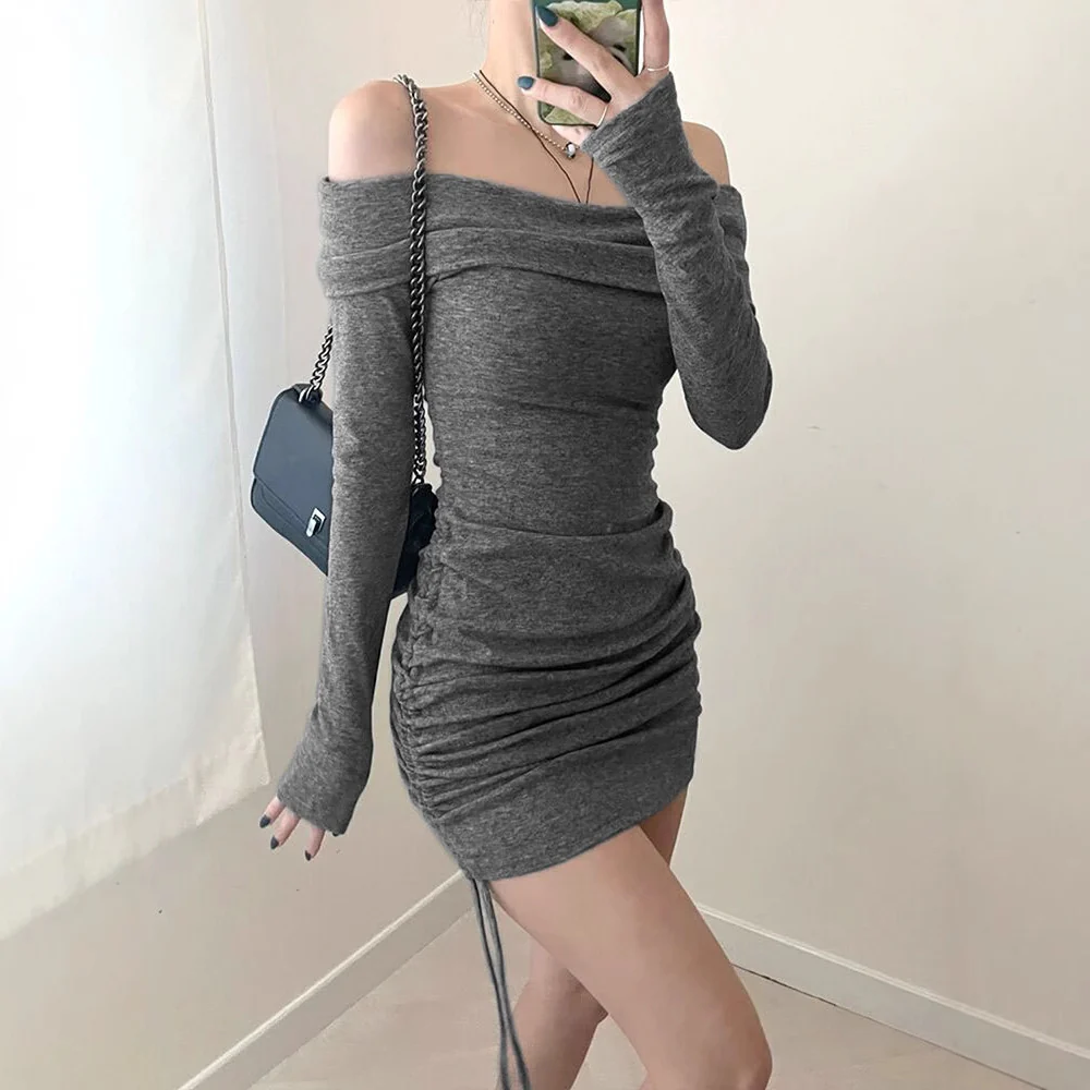 Grey Off-Shoulder Side Ruched Dress - Image 2