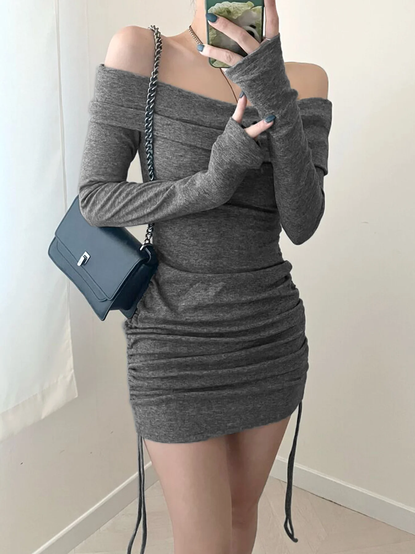Grey Off-Shoulder Side Ruched Dress