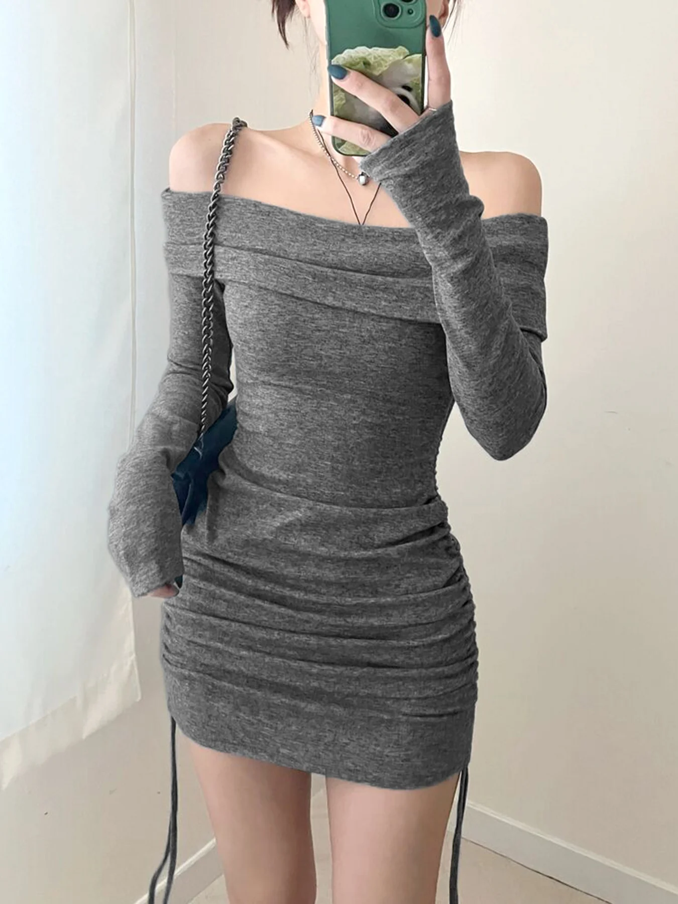 Grey Off-Shoulder Side Ruched Dress - Image 2