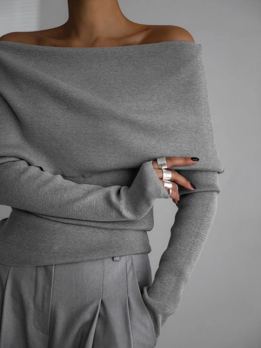Grey Off-Shoulder Solid Sweater - Image 2