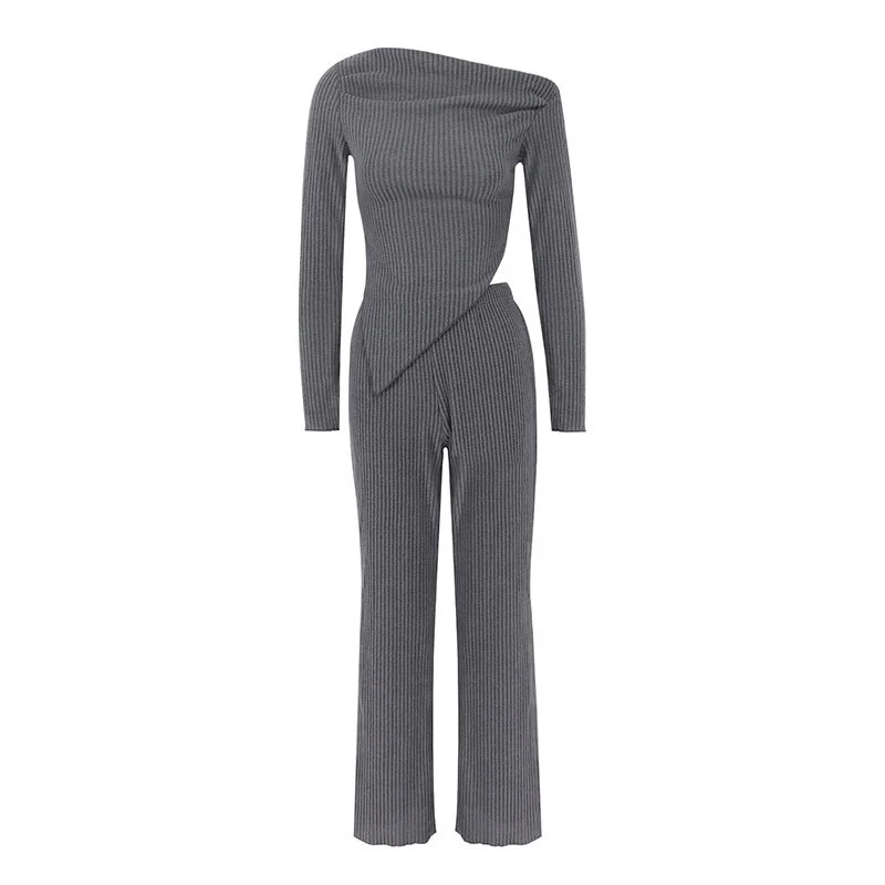 Grey Off-Shoulder Top And Pant Co-Ord Set - Image 2