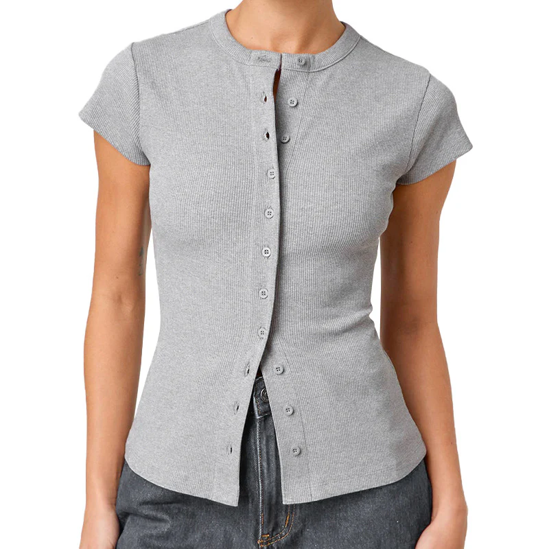 Grey Ribbed Shirt Style Top - Image 2