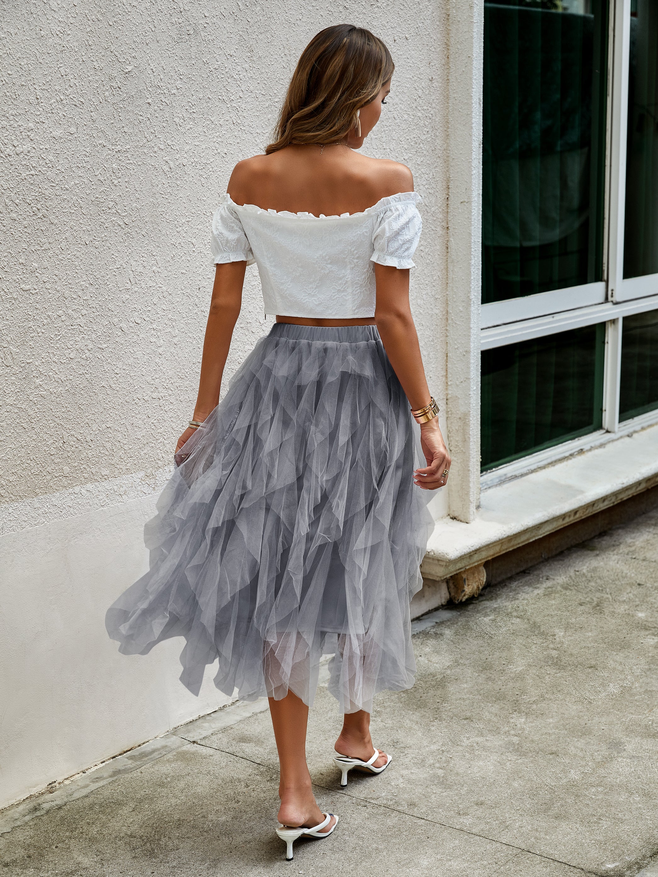 Grey Sheer Solid Ruffled Skirt - Image 2