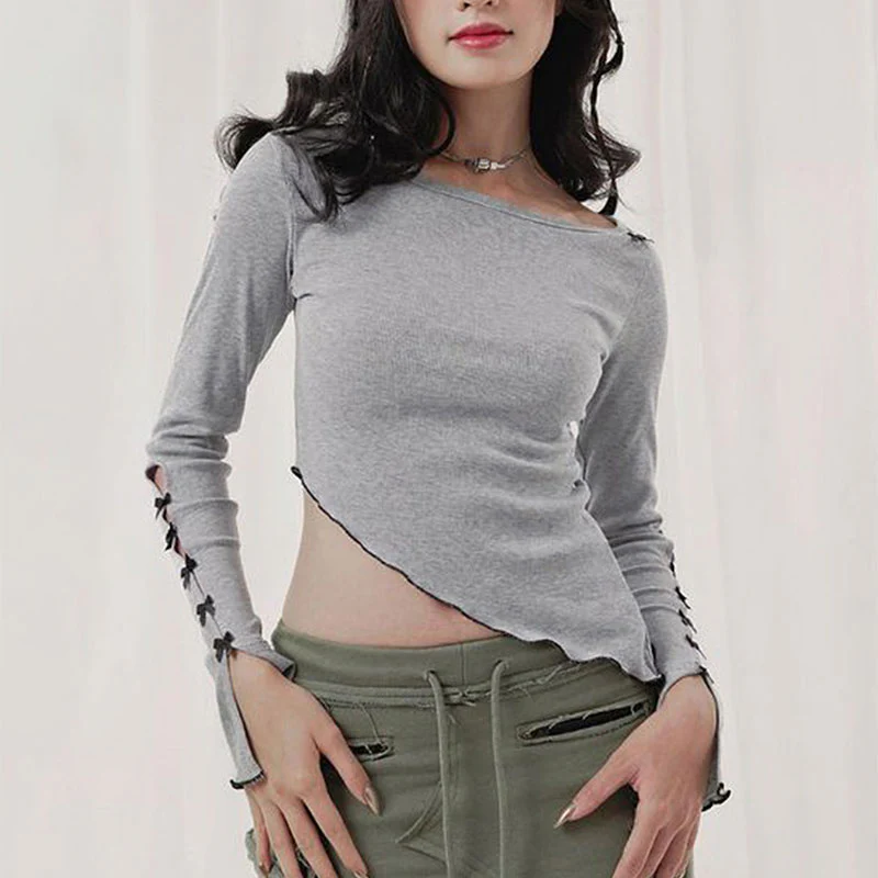 Grey Slant Hem Full Sleeves Button Detail Top