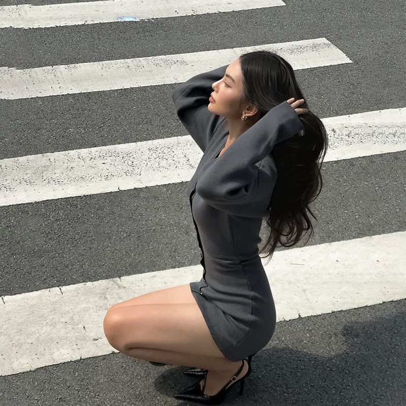 Grey Solid Mini Dress - Image 2