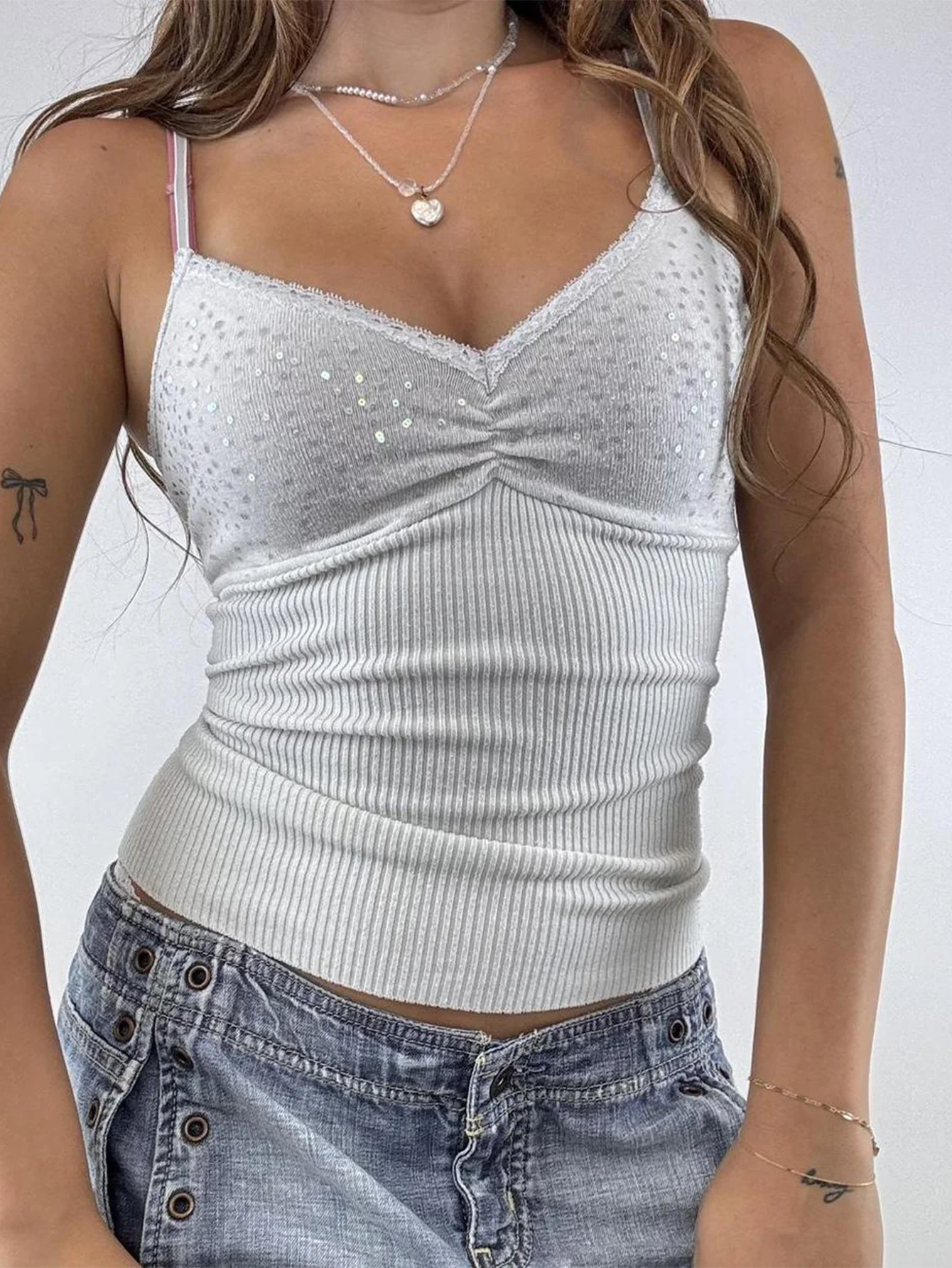 Grey Spaghetti Strap Solid Camisoles - Image 3