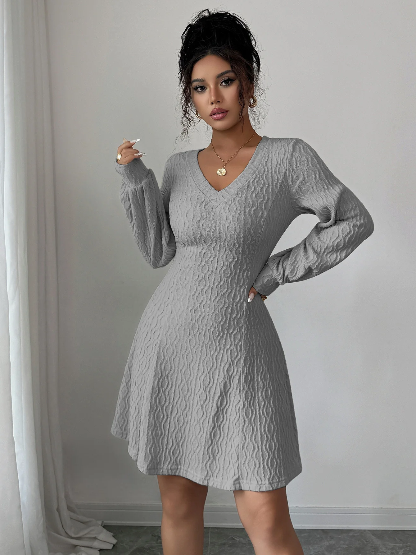 Grey Textured V Neck Mini Dress - Image 3