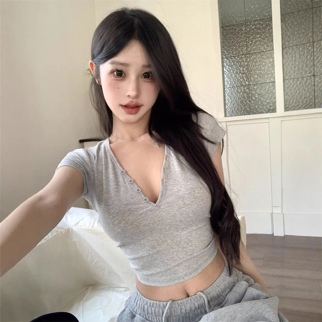 Grey V Neck Cap Sleeves Fitted Top