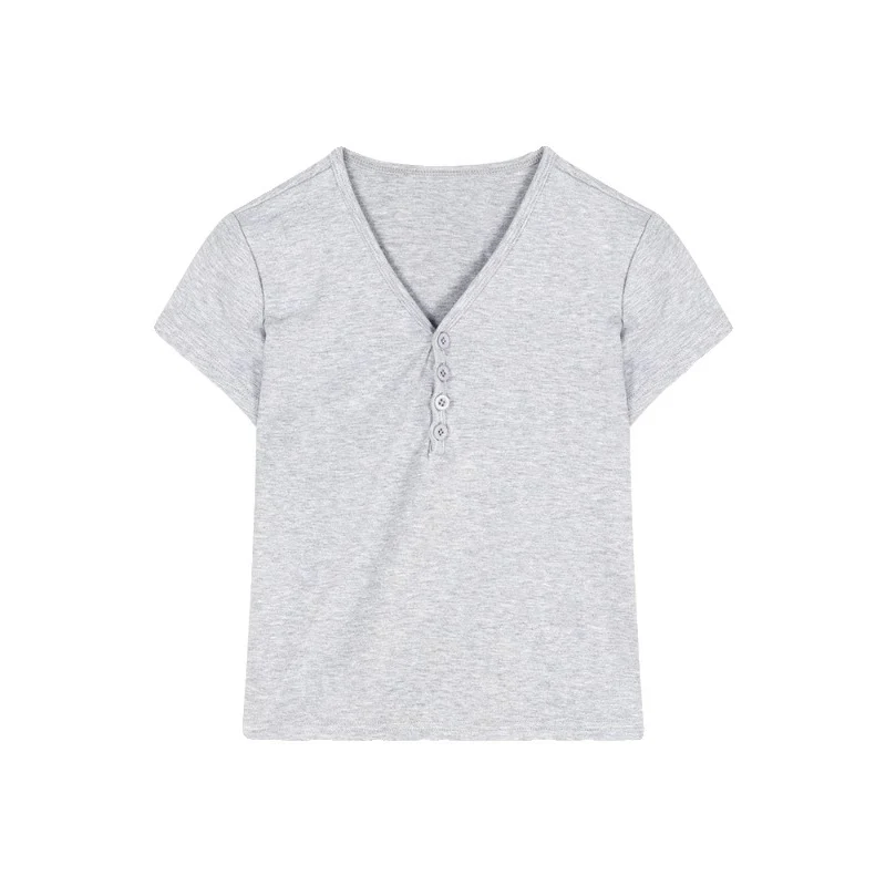 Grey V Neck Cap Sleeves Fitted Top - Image 2