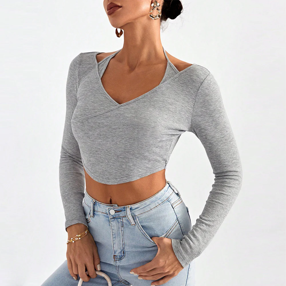 Grey Wrap Top With Halter Neck - Image 3