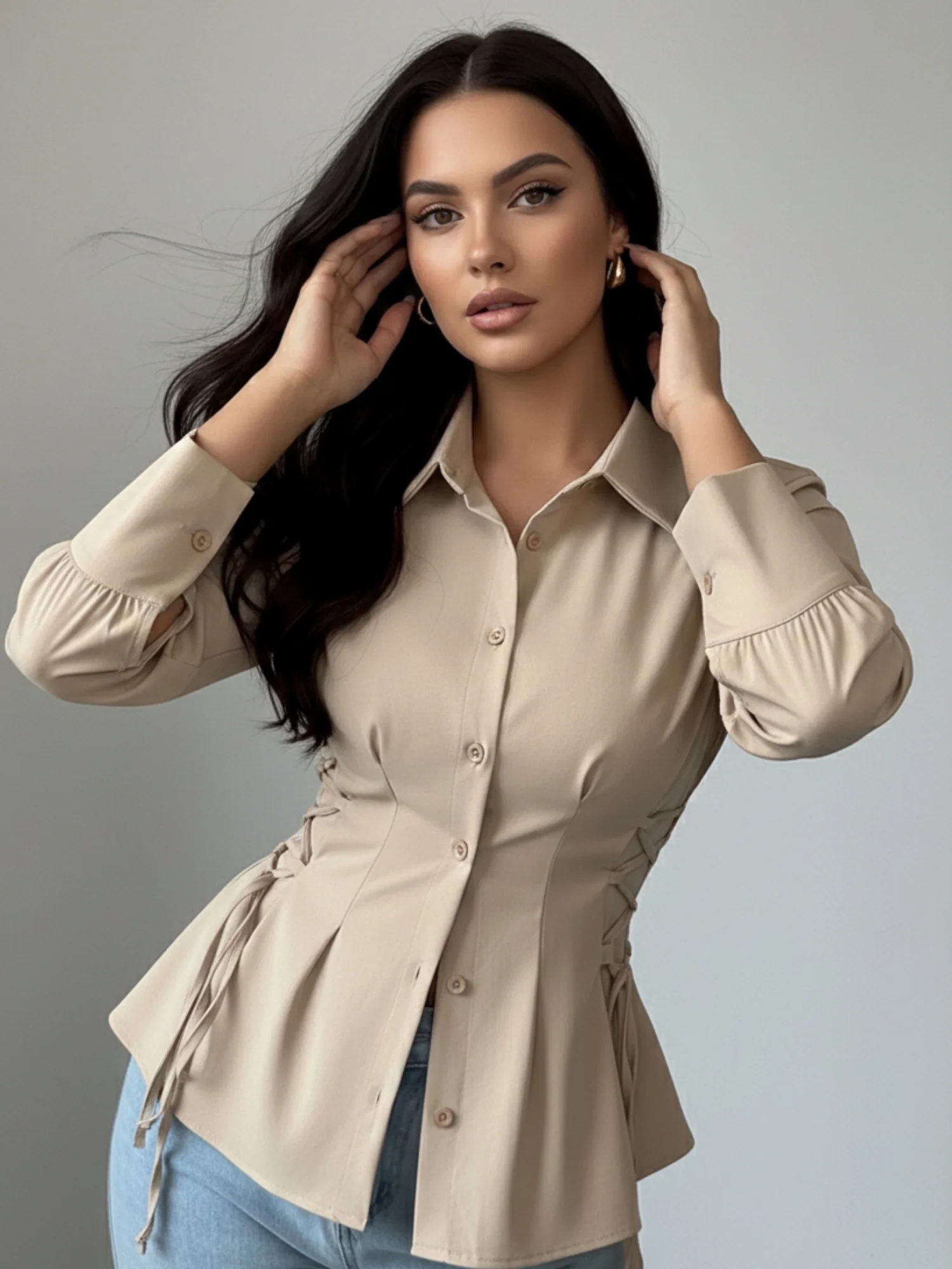 Khaki Cinched Waist Tie Up Button Down Shirt - Image 3