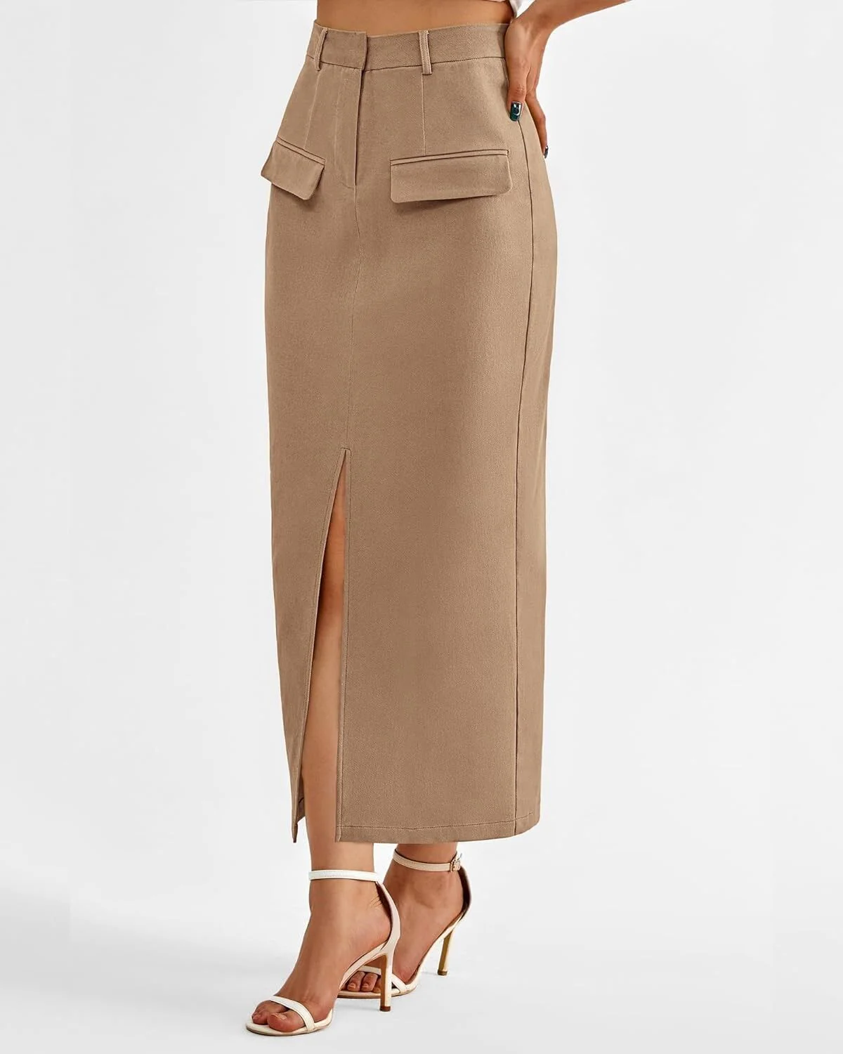 Khaki Front Pocket With Pocket Midi Skirt - Image 3
