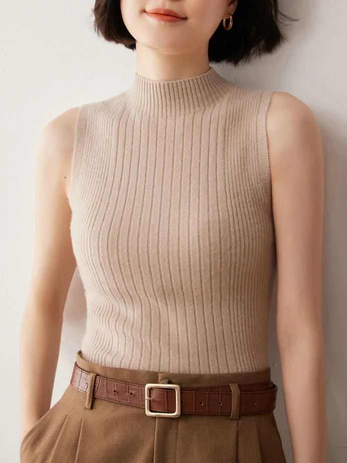 Khaki High Neck Solid Basic Tank - Image 2