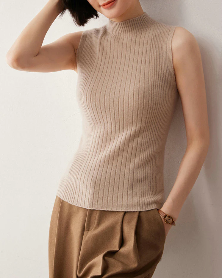 Khaki High Neck Solid Basic Tank - Image 3
