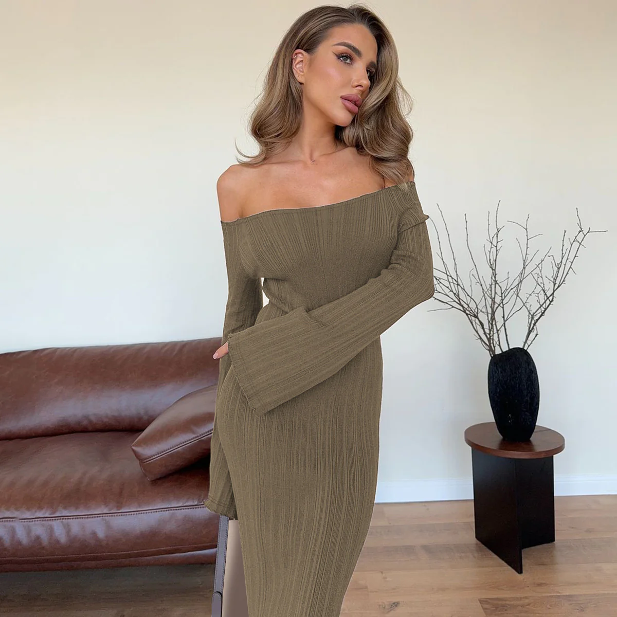 Khaki Off Shoulder Bodycon Dress - Image 2