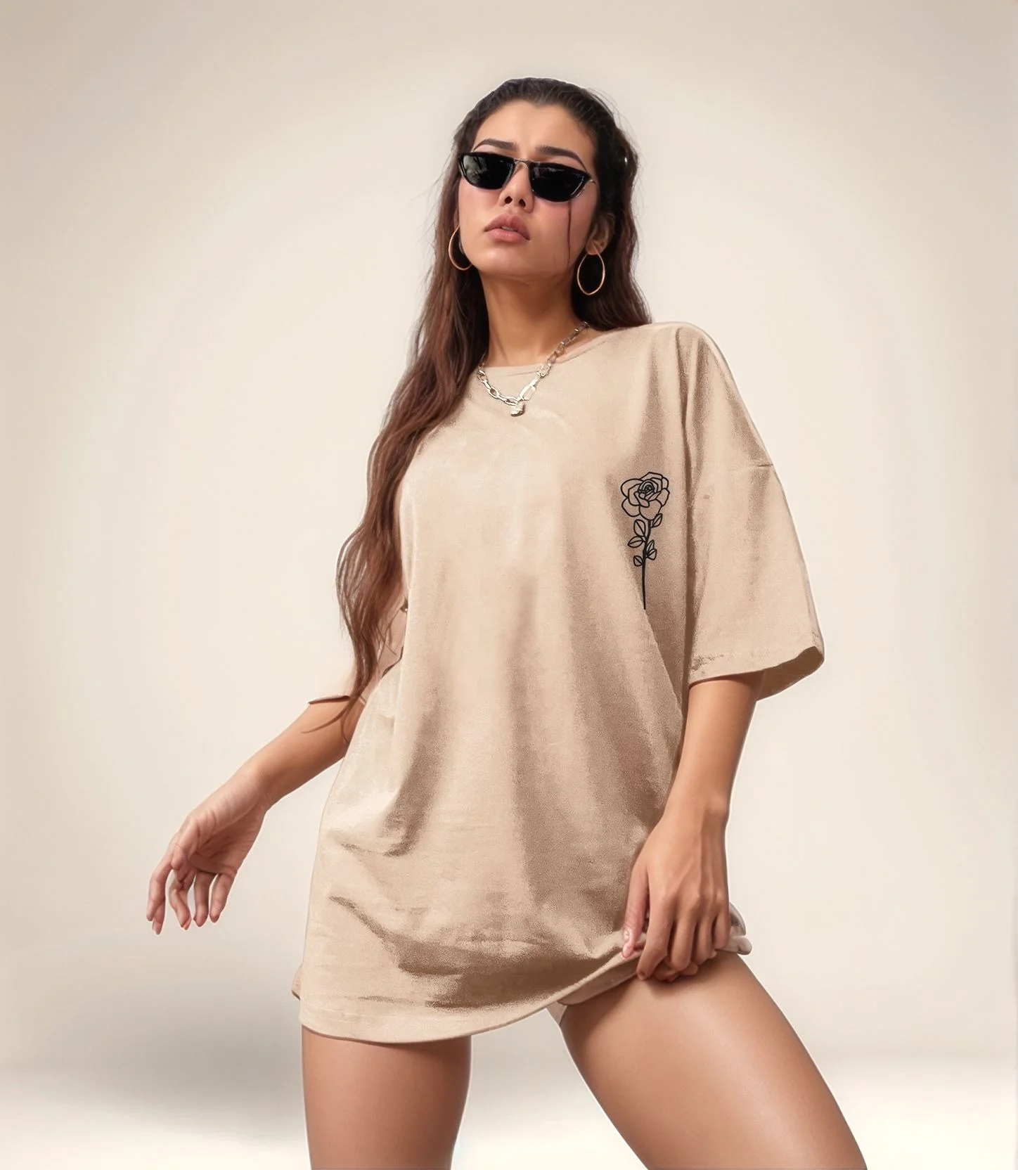 Khaki Oversized Small Graphic Print T-Shirt