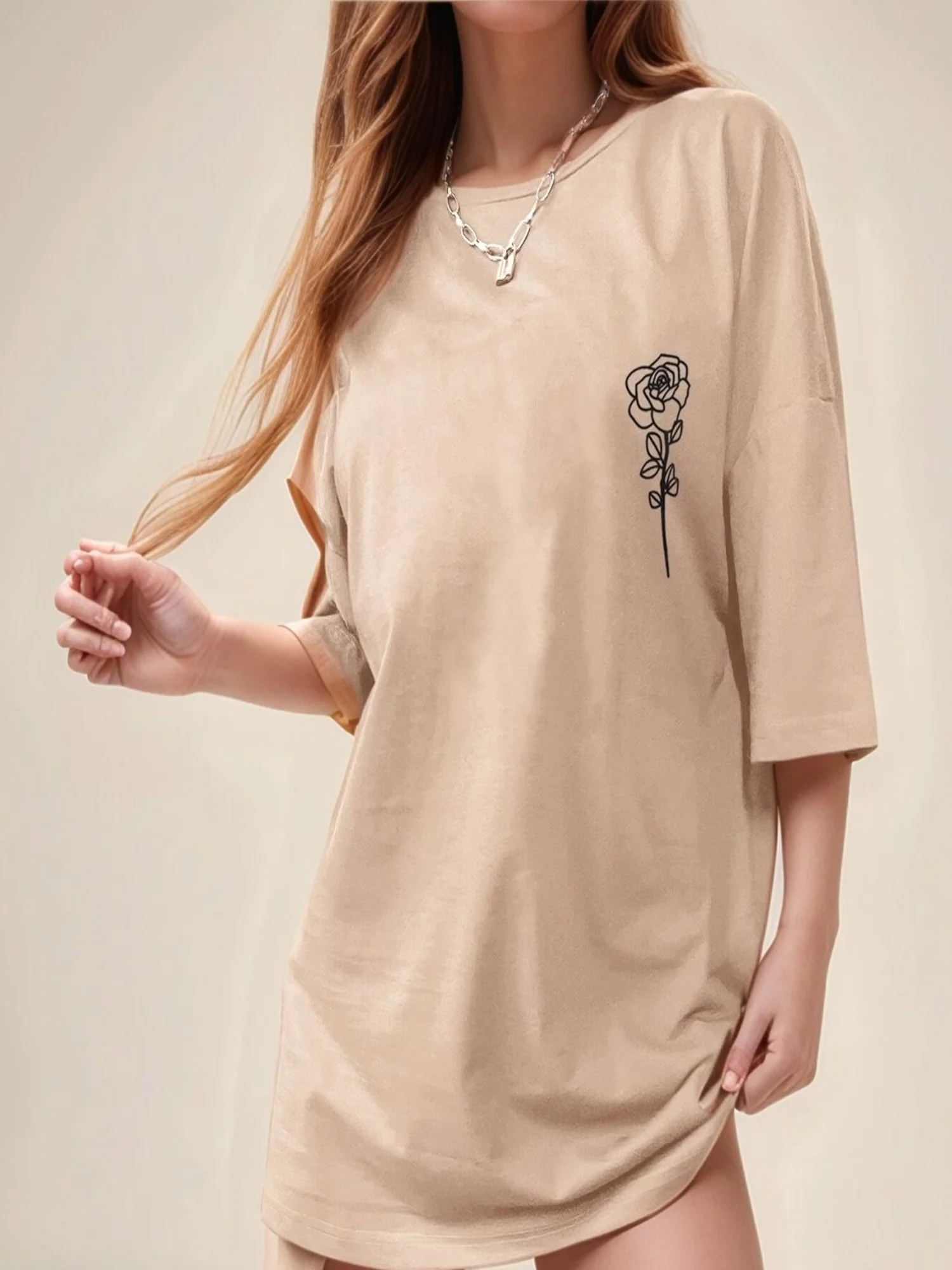 Khaki Oversized Small Graphic Print T-Shirt - Image 2