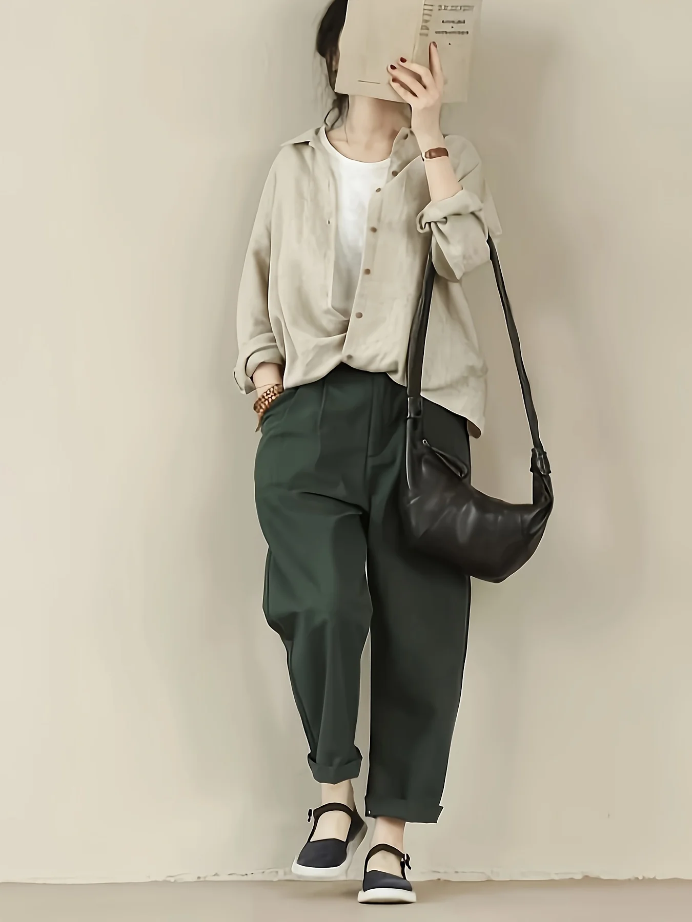 Relaxed Textured Button Down Khaki Shirt - Image 3