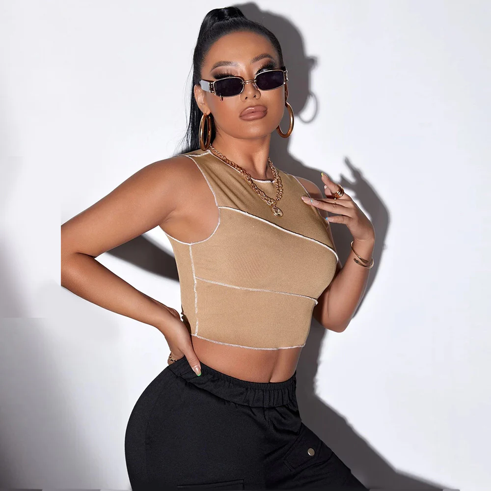 Khaki Sleeveless Contrast Seam Top - Image 3