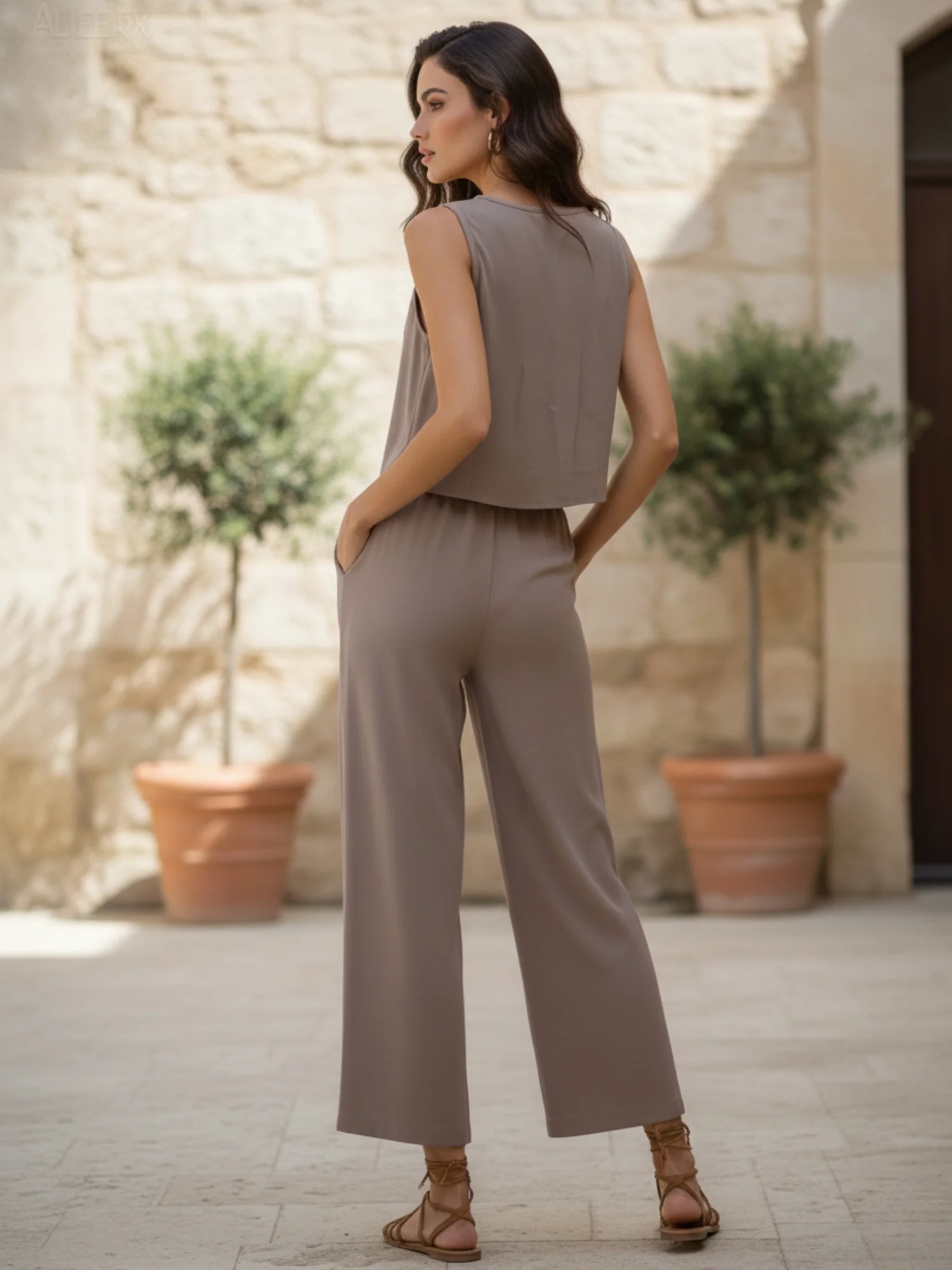 Khaki Sleeveless Front Button Top And Pant Set - Image 3