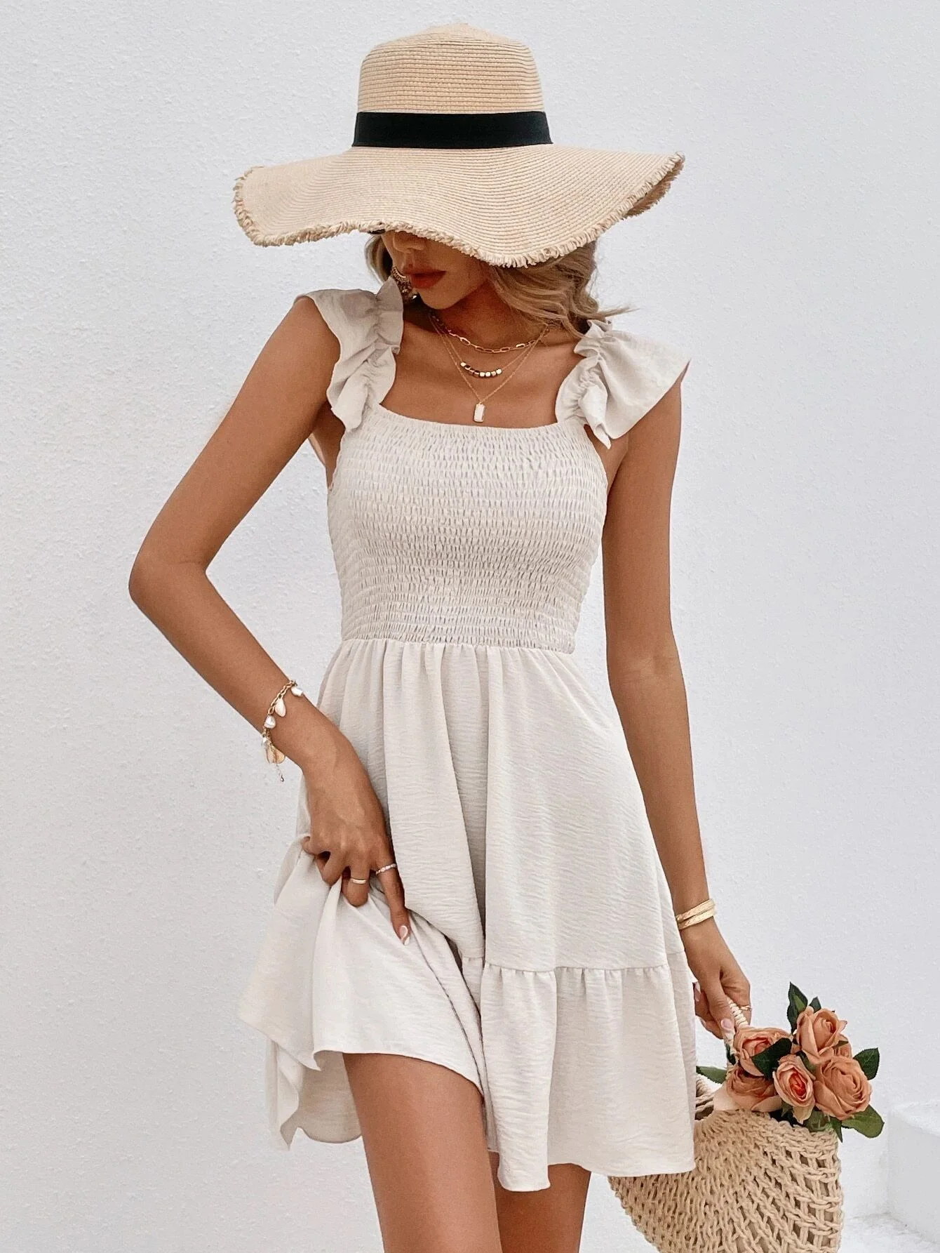 Khaki Smocking Ruffle Skater Dress - Image 2