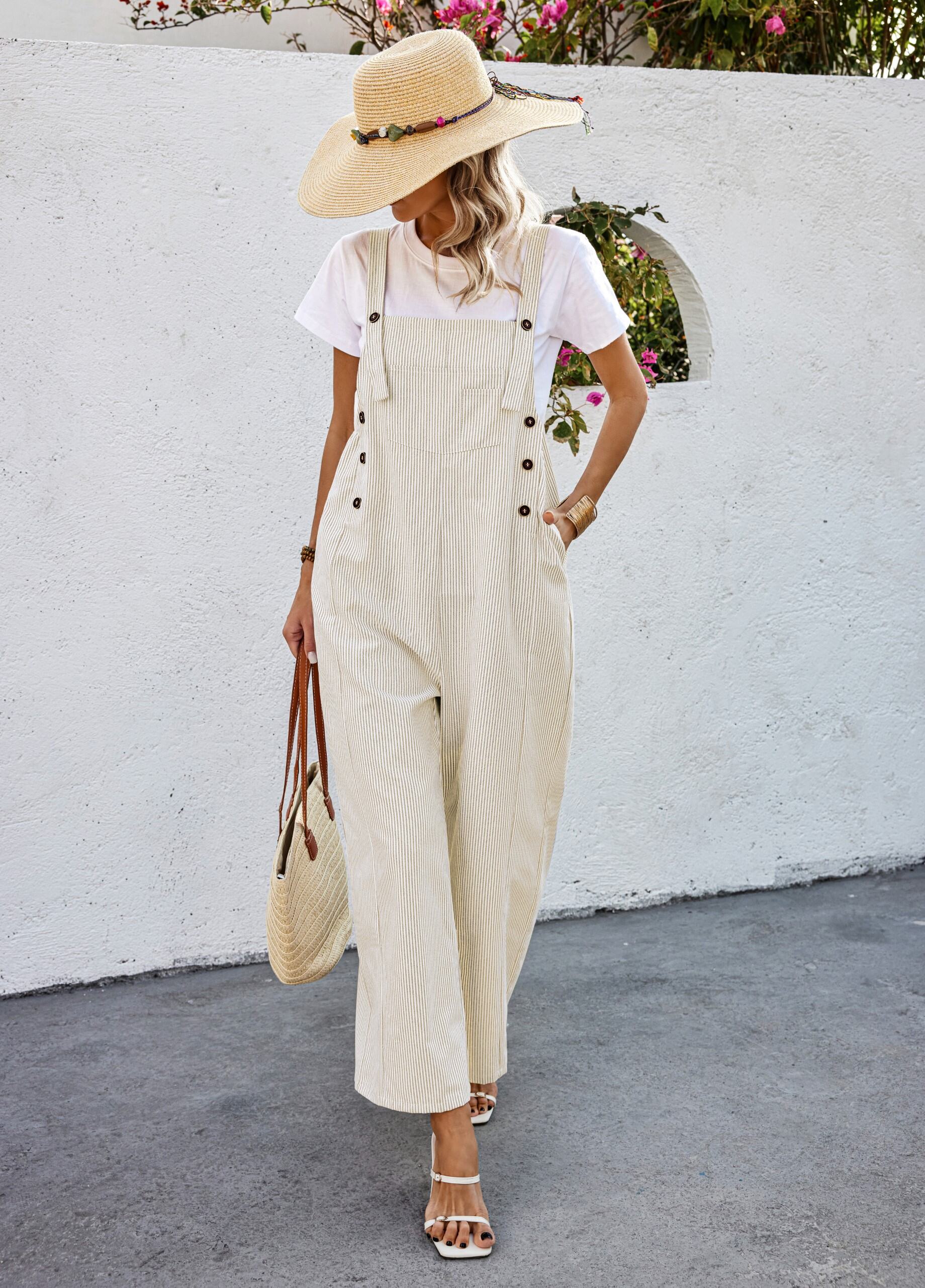 Khaki Striped Dungaree Style Jumpsuit - Image 2