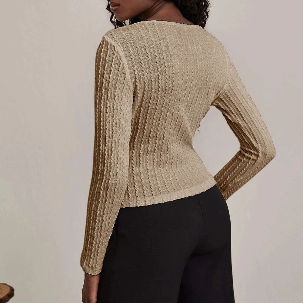 Khaki Textured Knit V-Neck Top - Image 2